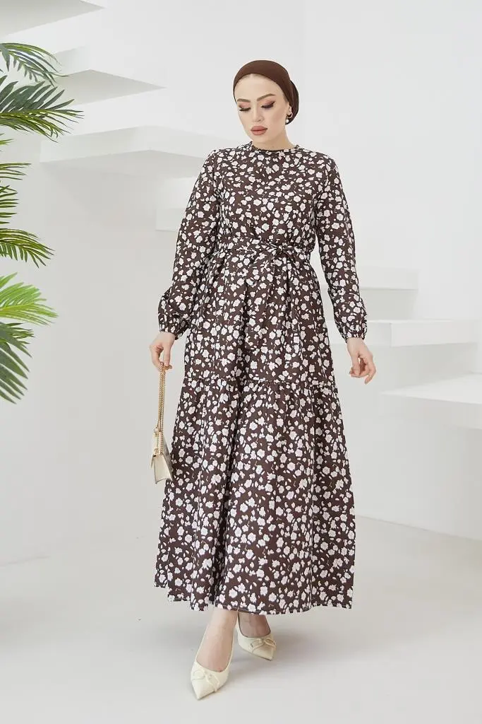 400 Papatya Desen Elbise Kahve-detail