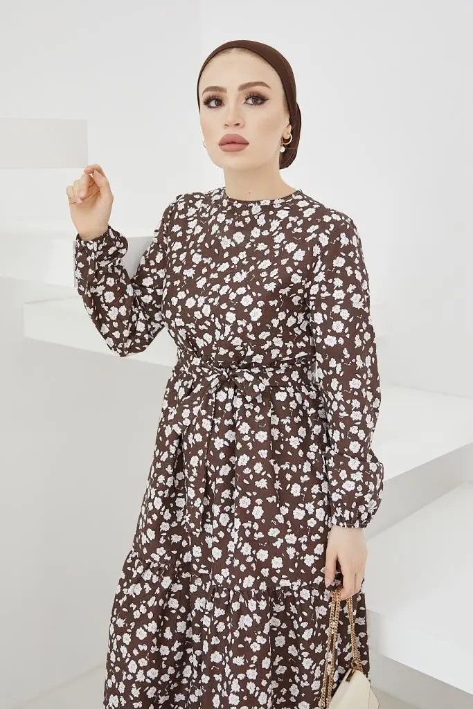 400 Papatya Desen Elbise Kahve-detail