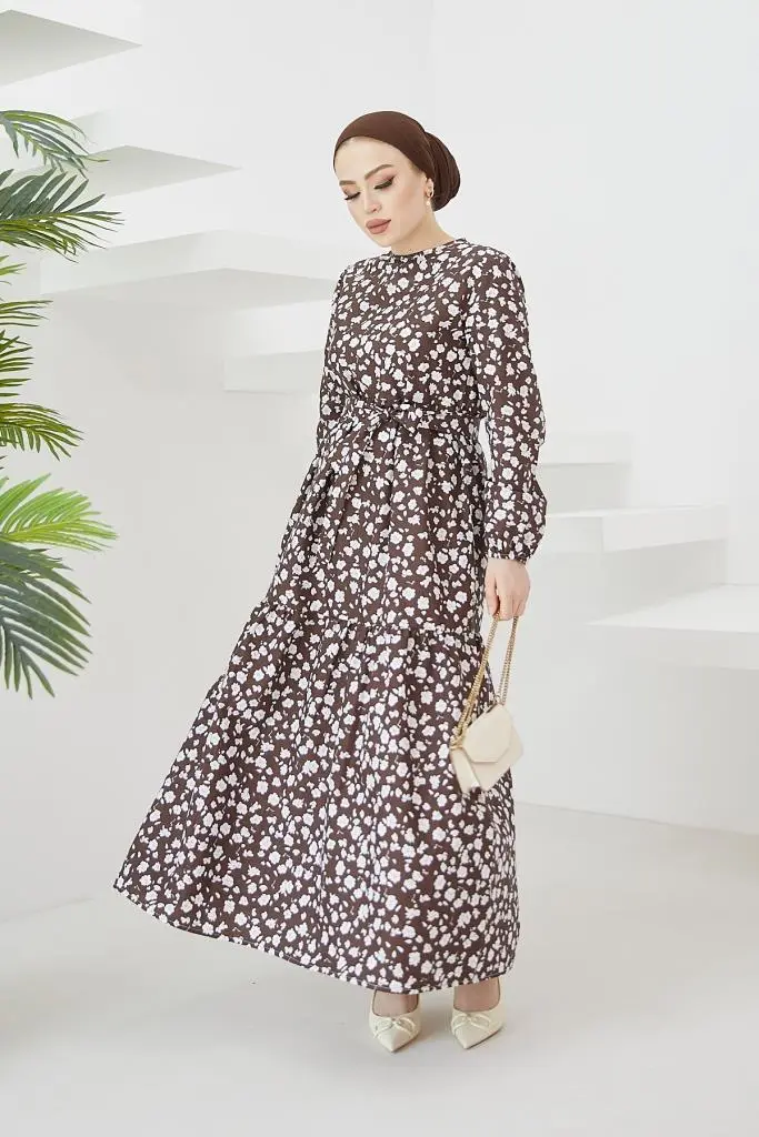 400 Papatya Desen Elbise Kahve-detail