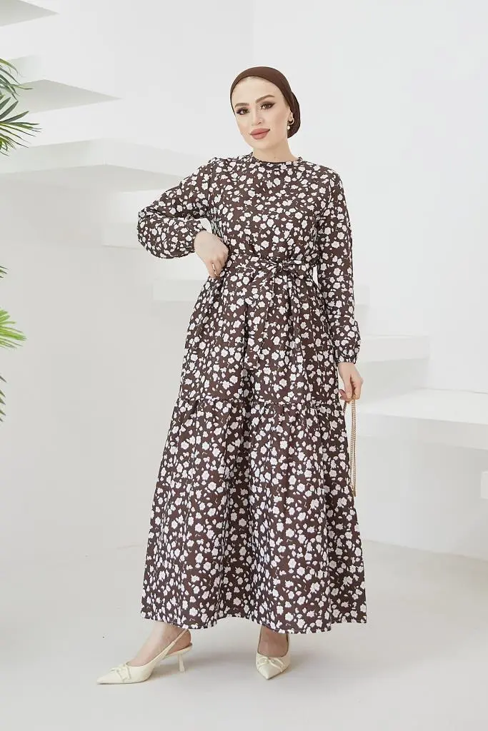 400 Papatya Desen Elbise Kahve-detail