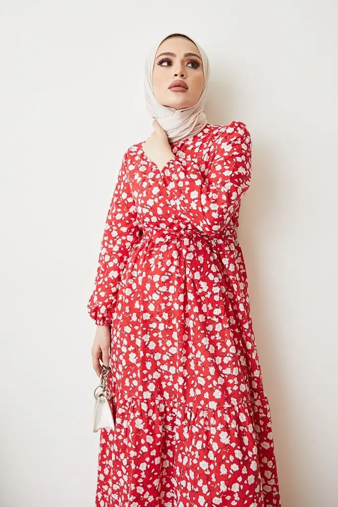 400 Papatya Desen Elbise Kırmızı-detail
