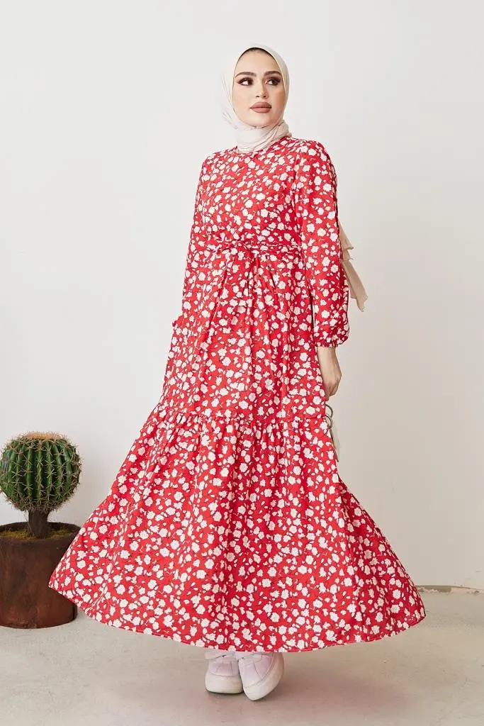 400 Papatya Desen Elbise Kırmızı-detail
