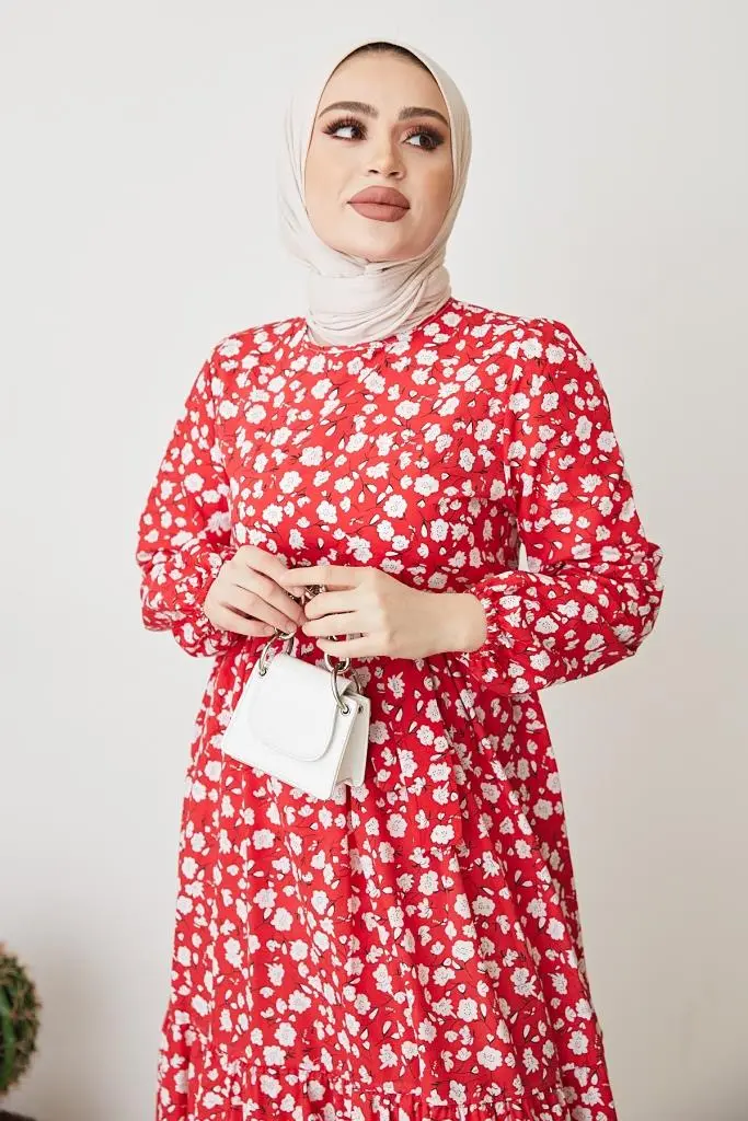 400 Papatya Desen Elbise Kırmızı-detail