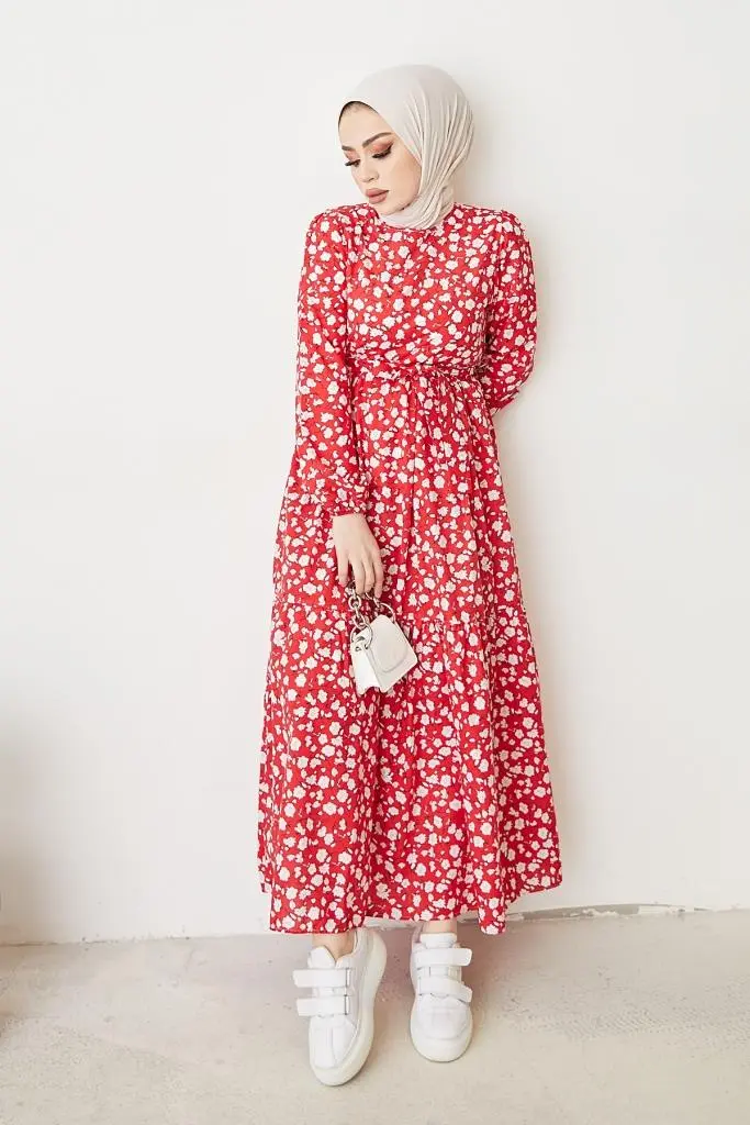 400 Papatya Desen Elbise Kırmızı-detail