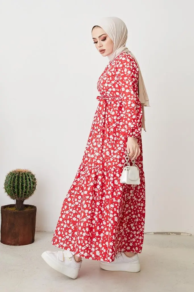 400 Papatya Desen Elbise Kırmızı-detail