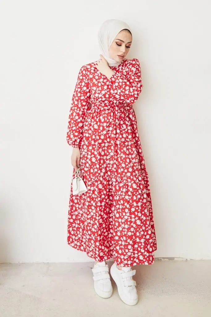400 Papatya Desen Elbise Kırmızı-detail
