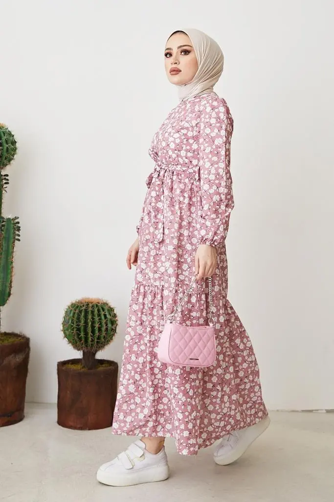 400 Papatya Desen Elbise Pembe-detail