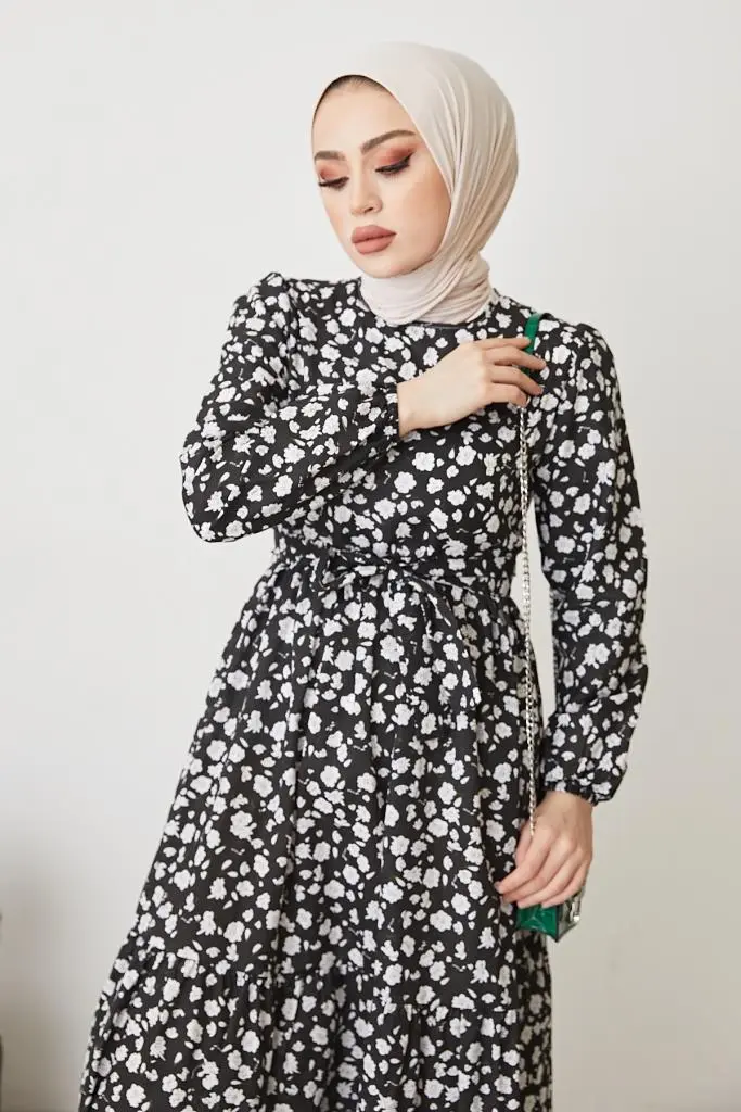 400 Papatya Desen Elbise Siyah-detail