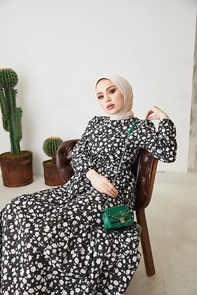 400 Papatya Desen Elbise Siyah-detail