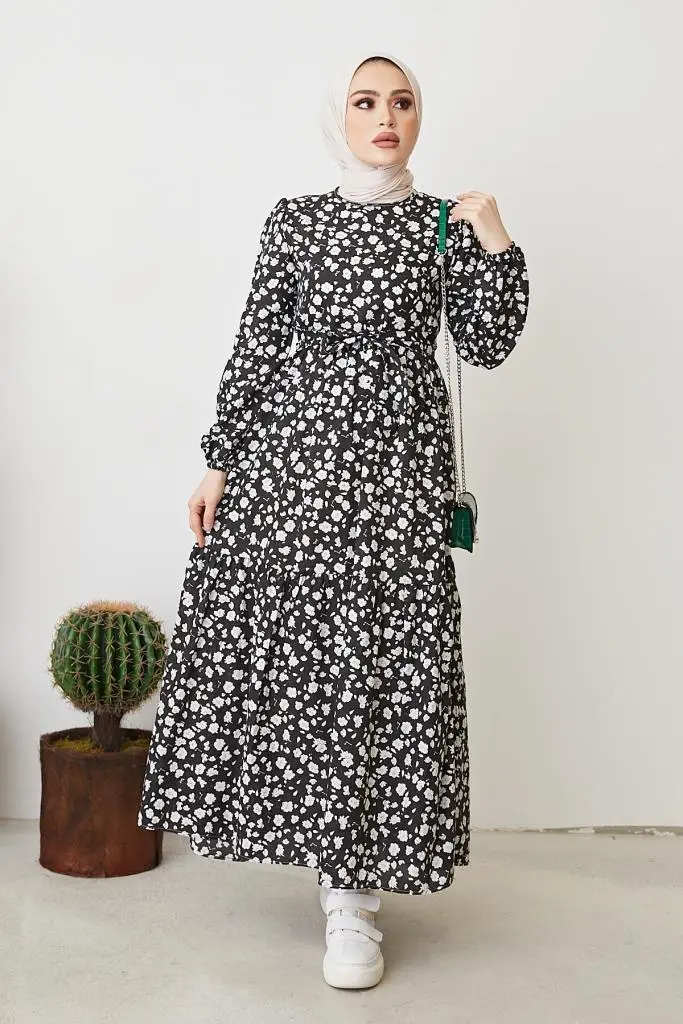 400 Papatya Desen Elbise Siyah-detail