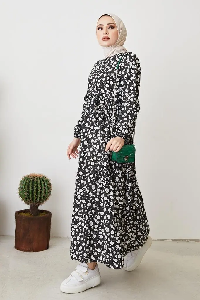 400 Papatya Desen Elbise Siyah-detail