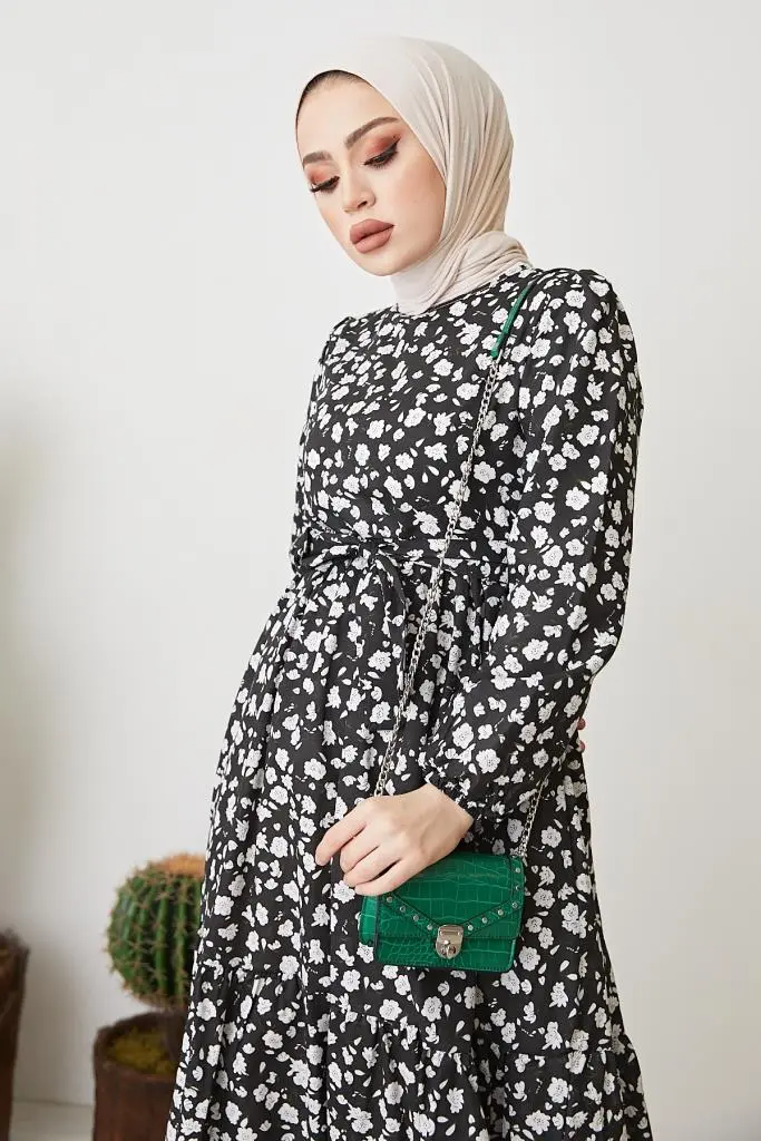 400 Papatya Desen Elbise Siyah-detail