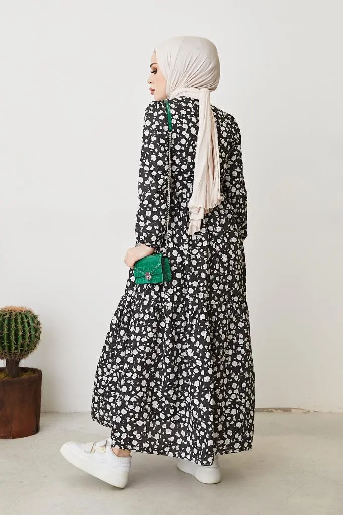 400 Papatya Desen Elbise Siyah-detail