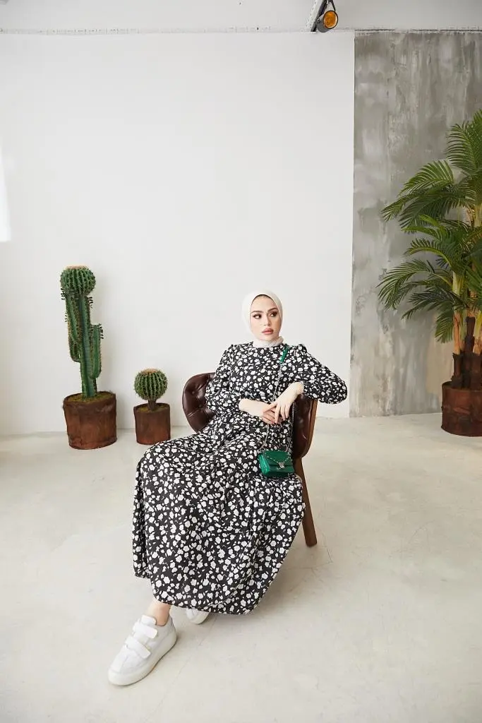 400 Papatya Desen Elbise Siyah-detail