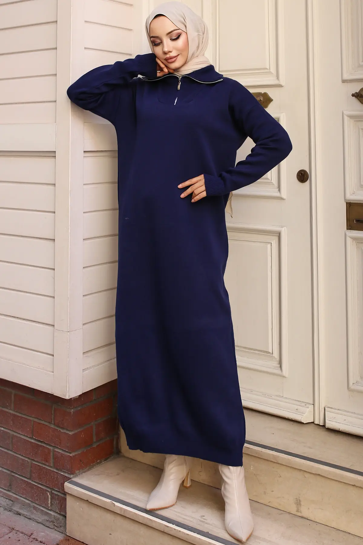 4008 Yakası Fermuarlı Triko Elbise Lacivert-detail