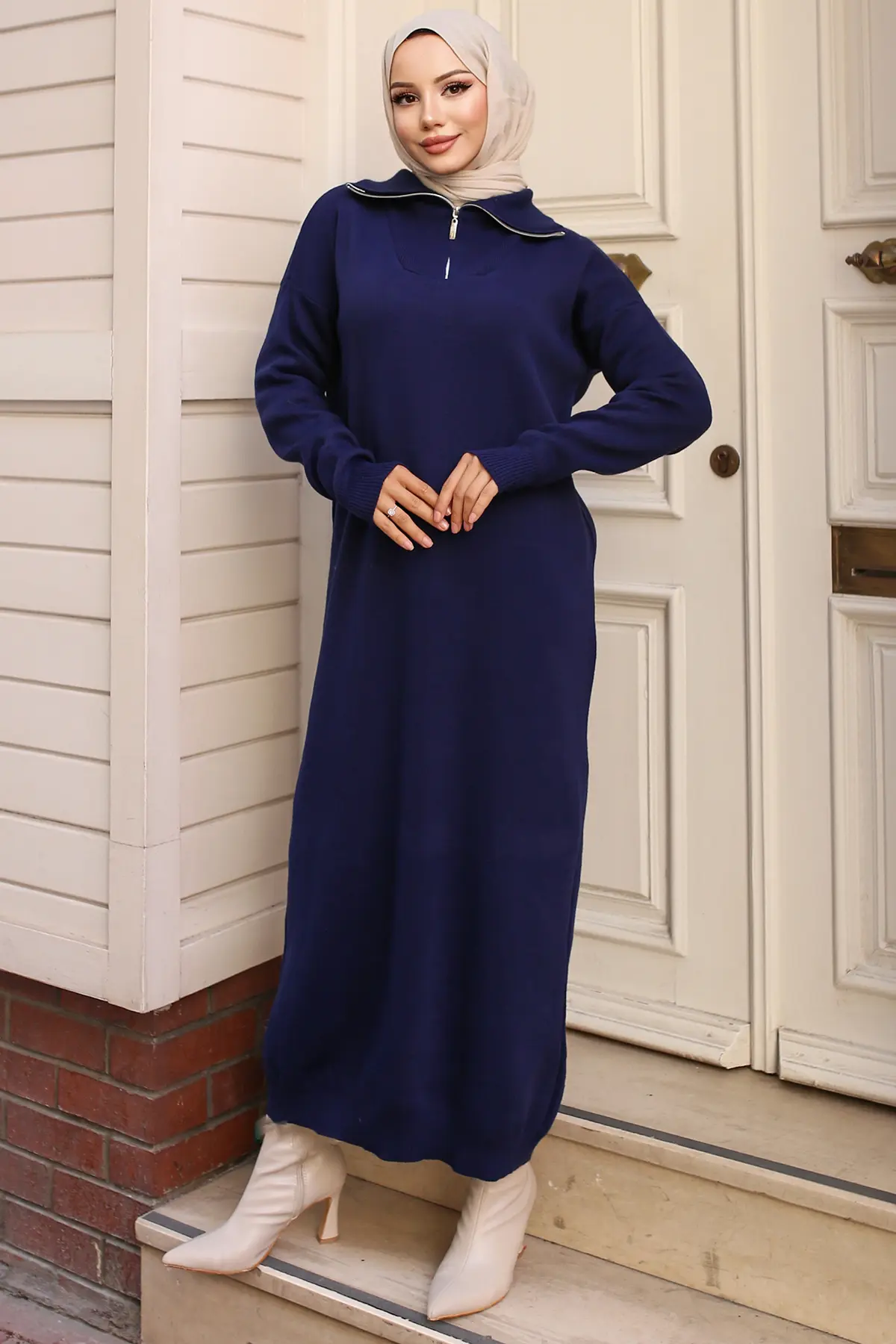4008 Yakası Fermuarlı Triko Elbise Lacivert-detail