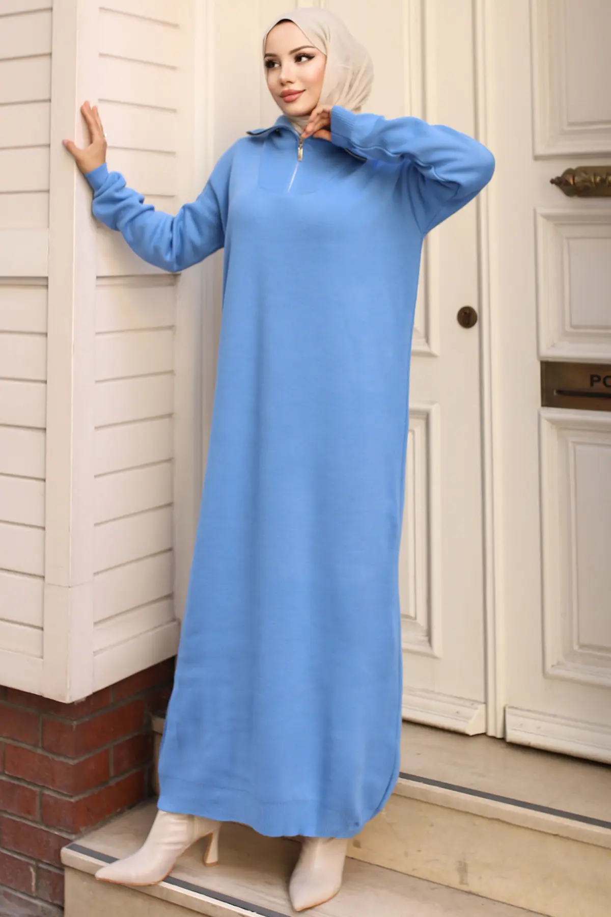 Collar Zippered Sweater Dress-detail