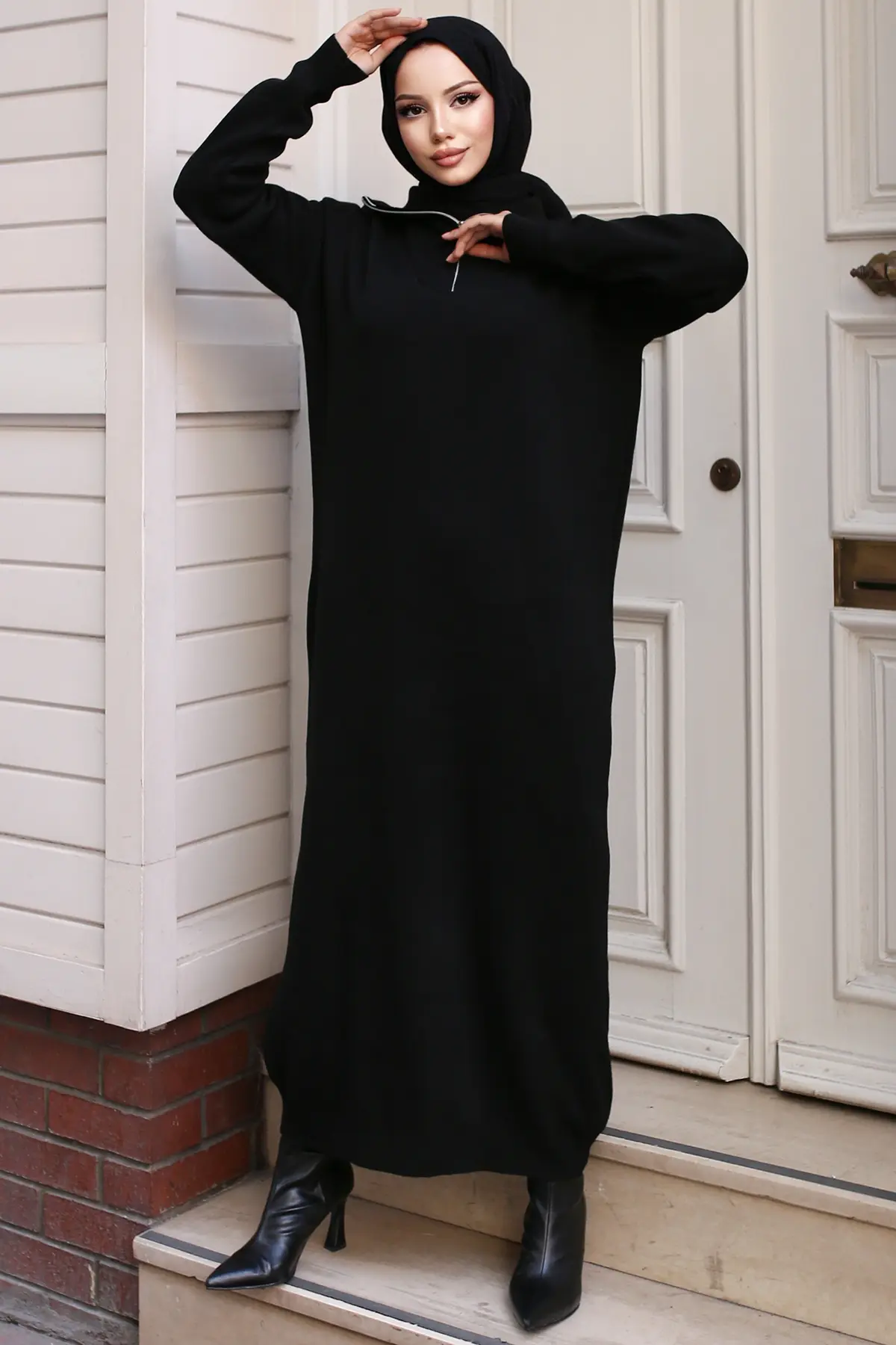 Collar Zippered Sweater Dress-detail