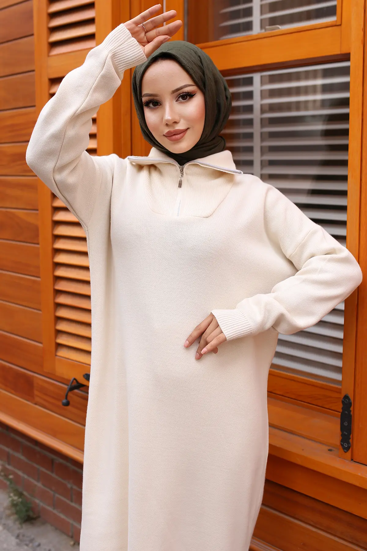 Collar Zippered Sweater Dress-detail