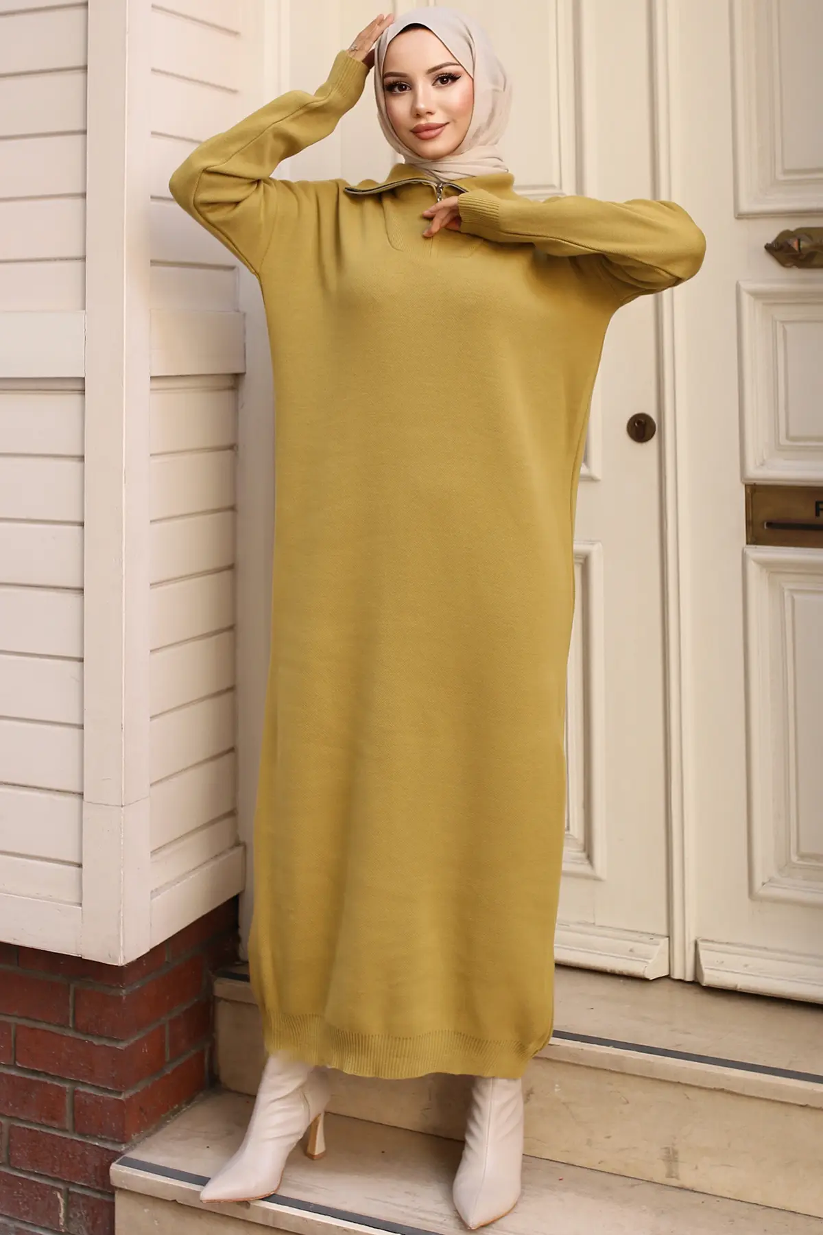 Collar Zippered Sweater Dress-detail