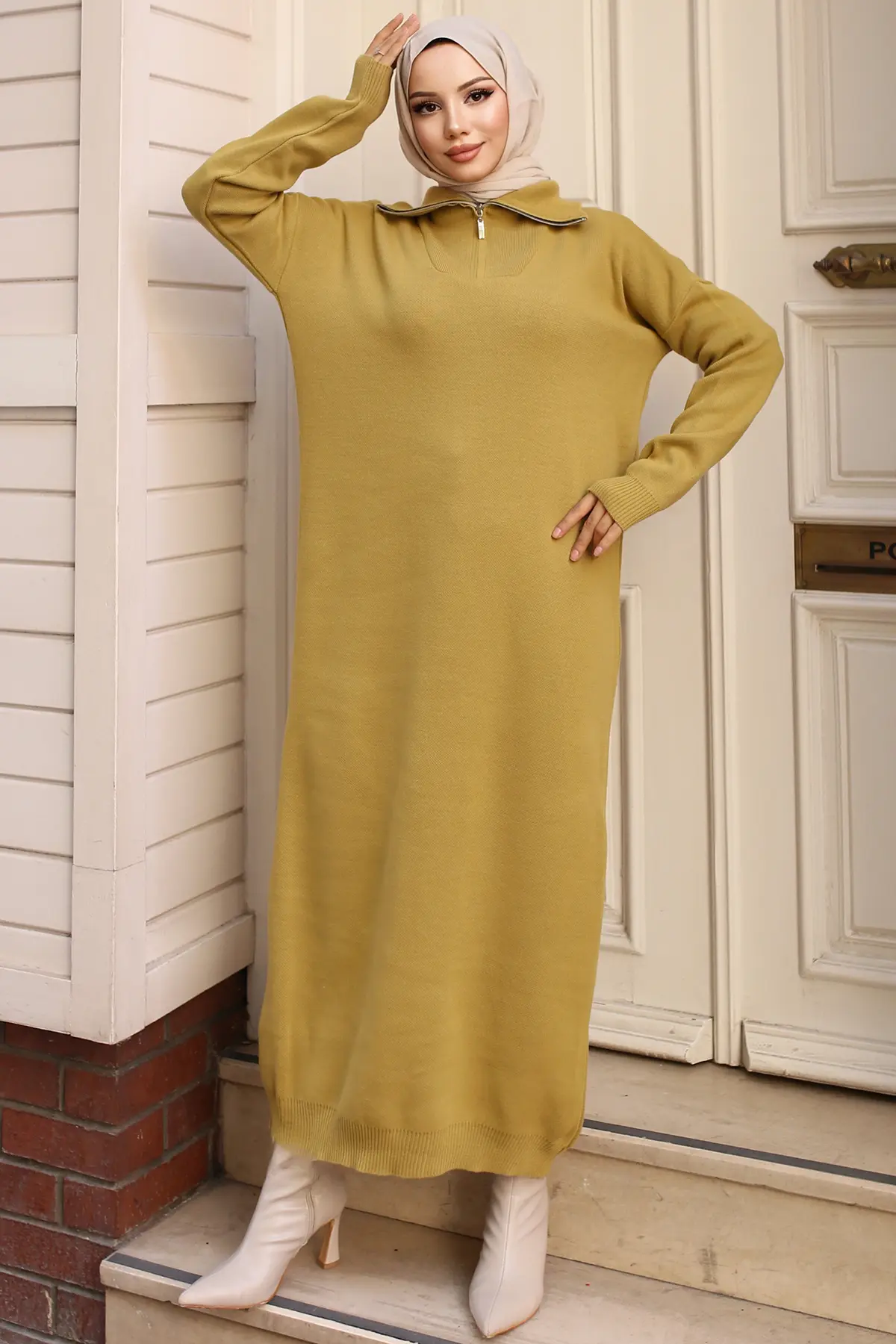 Collar Zippered Sweater Dress-detail