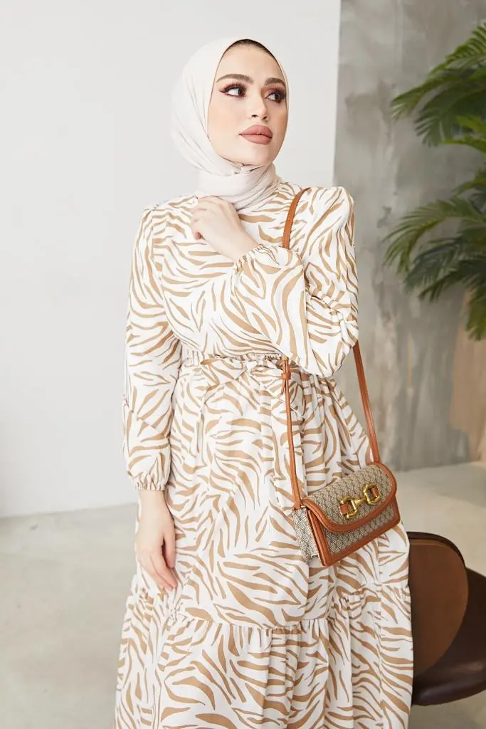 401 Zebra Desen Elbise Bej-detail