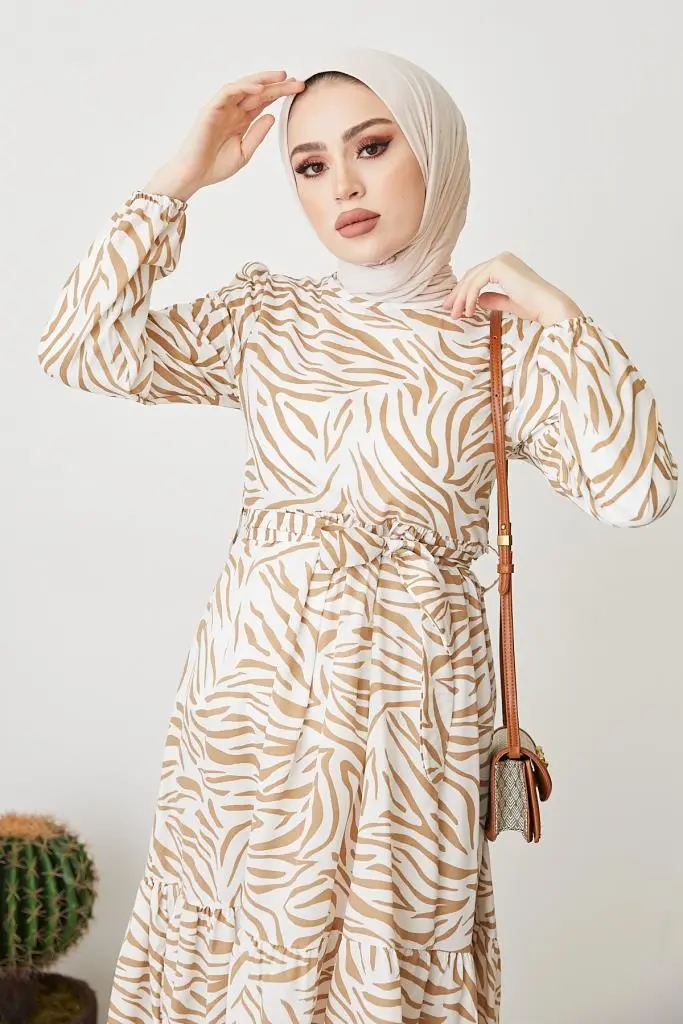 401 Zebra Desen Elbise Bej-detail