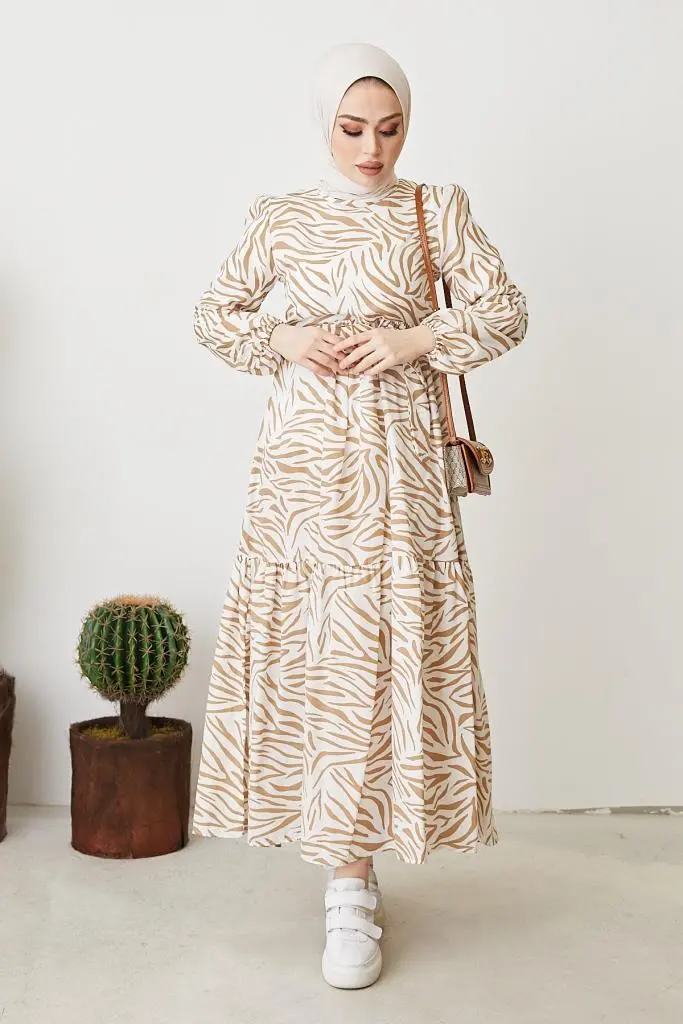 401 Zebra Desen Elbise Bej-detail
