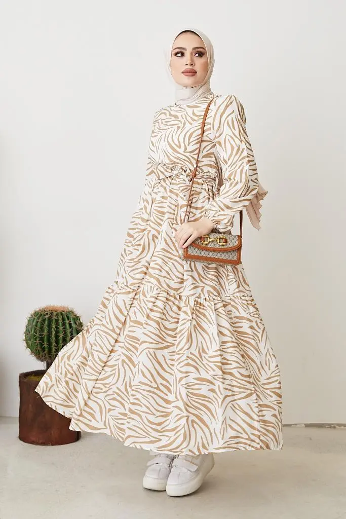 401 Zebra Desen Elbise Bej-detail