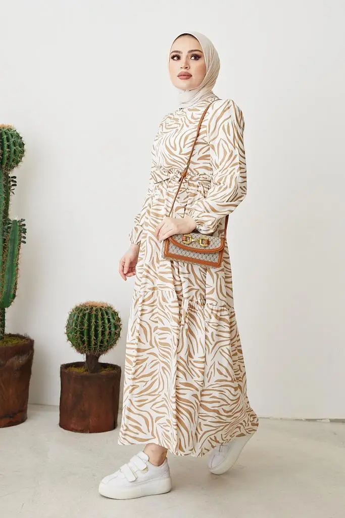401 Zebra Desen Elbise Bej-detail
