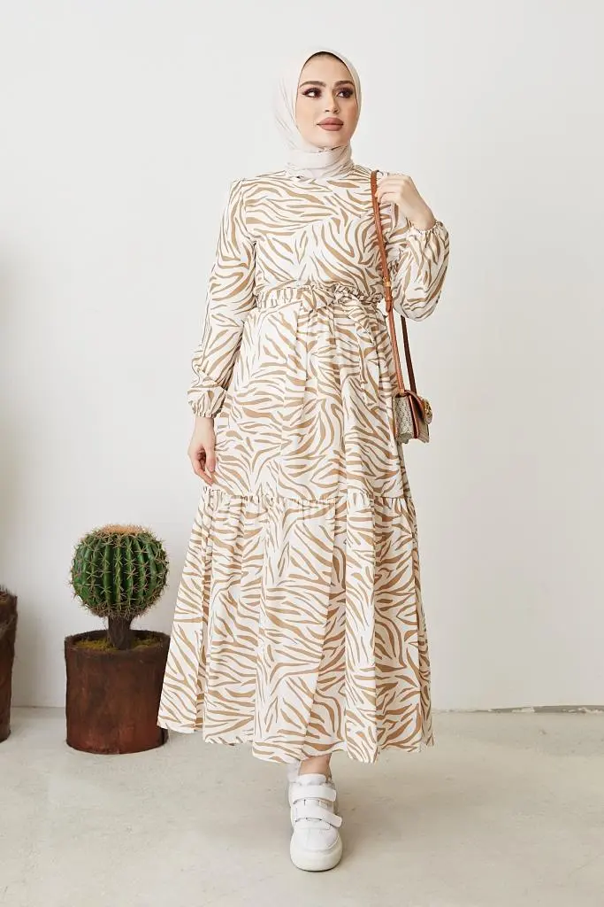 401 Zebra Desen Elbise Bej-detail