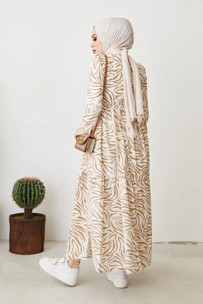 401 Zebra Desen Elbise Bej-detail