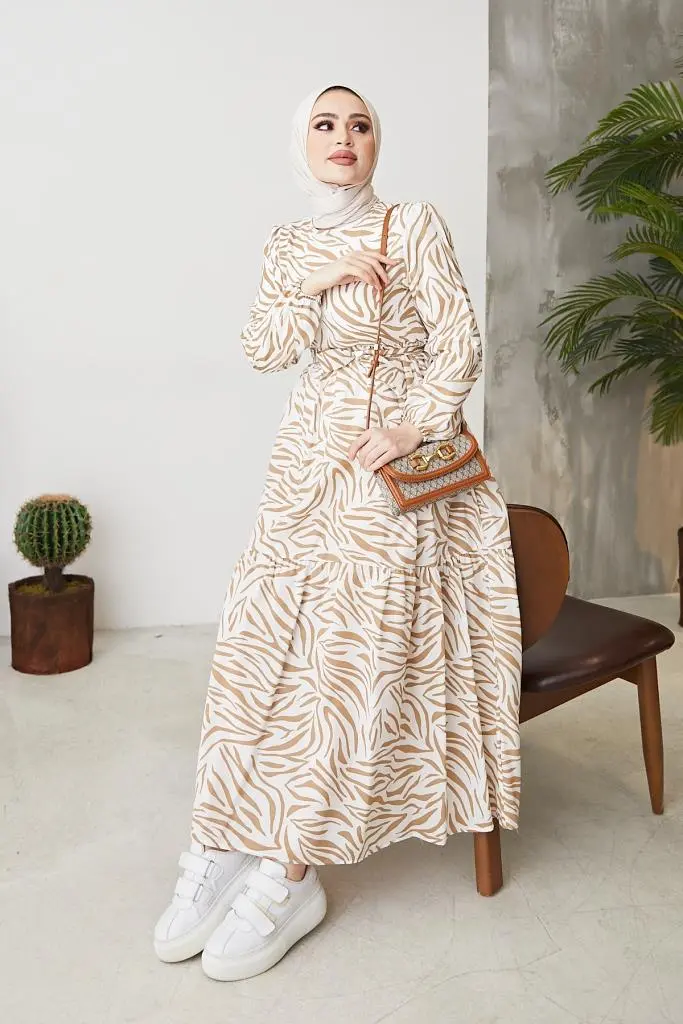 401 Zebra Desen Elbise Bej-detail