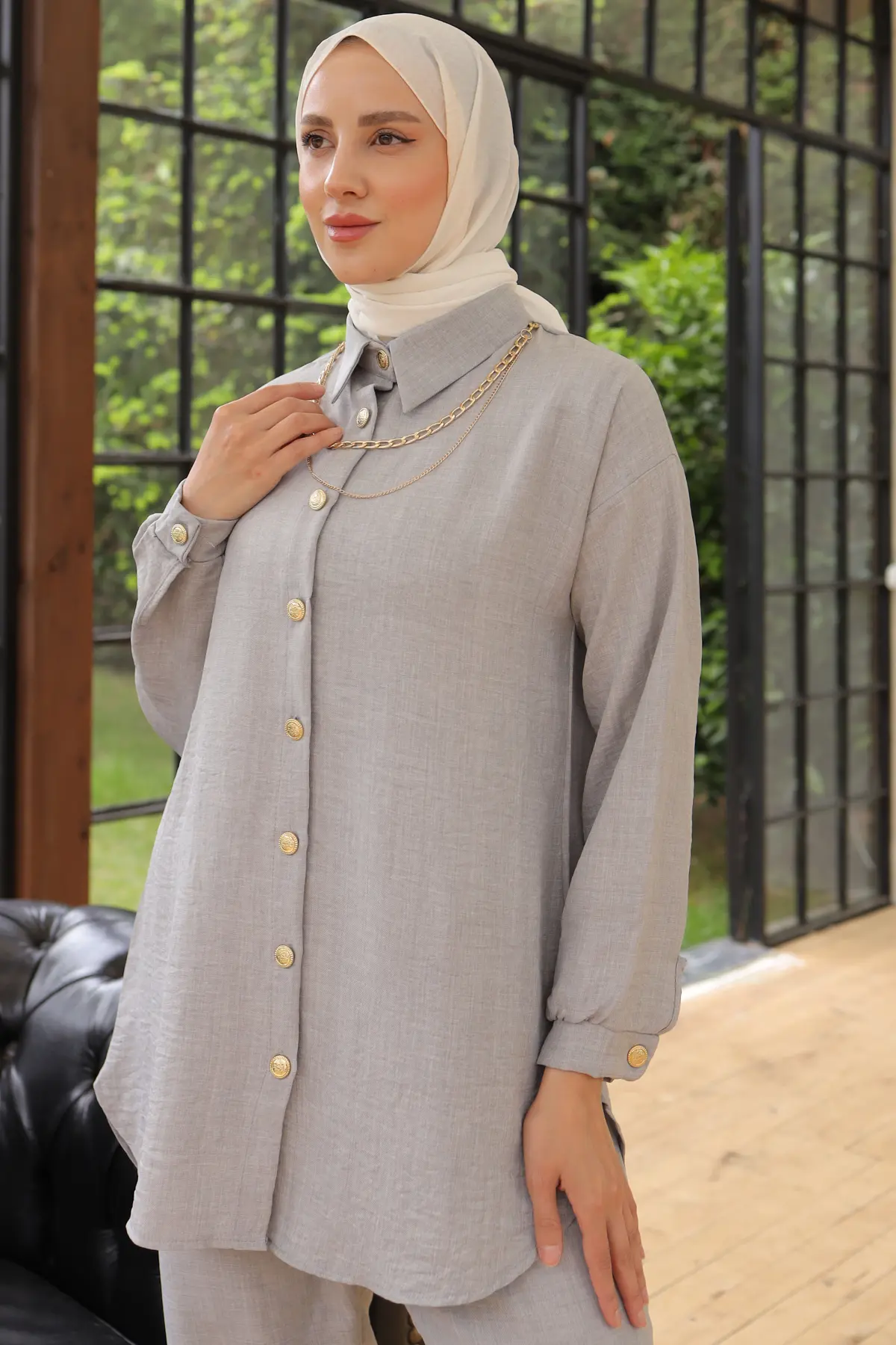 4015 Düğme Detaylı Aksesuarlı İkili Takım Gri-detail