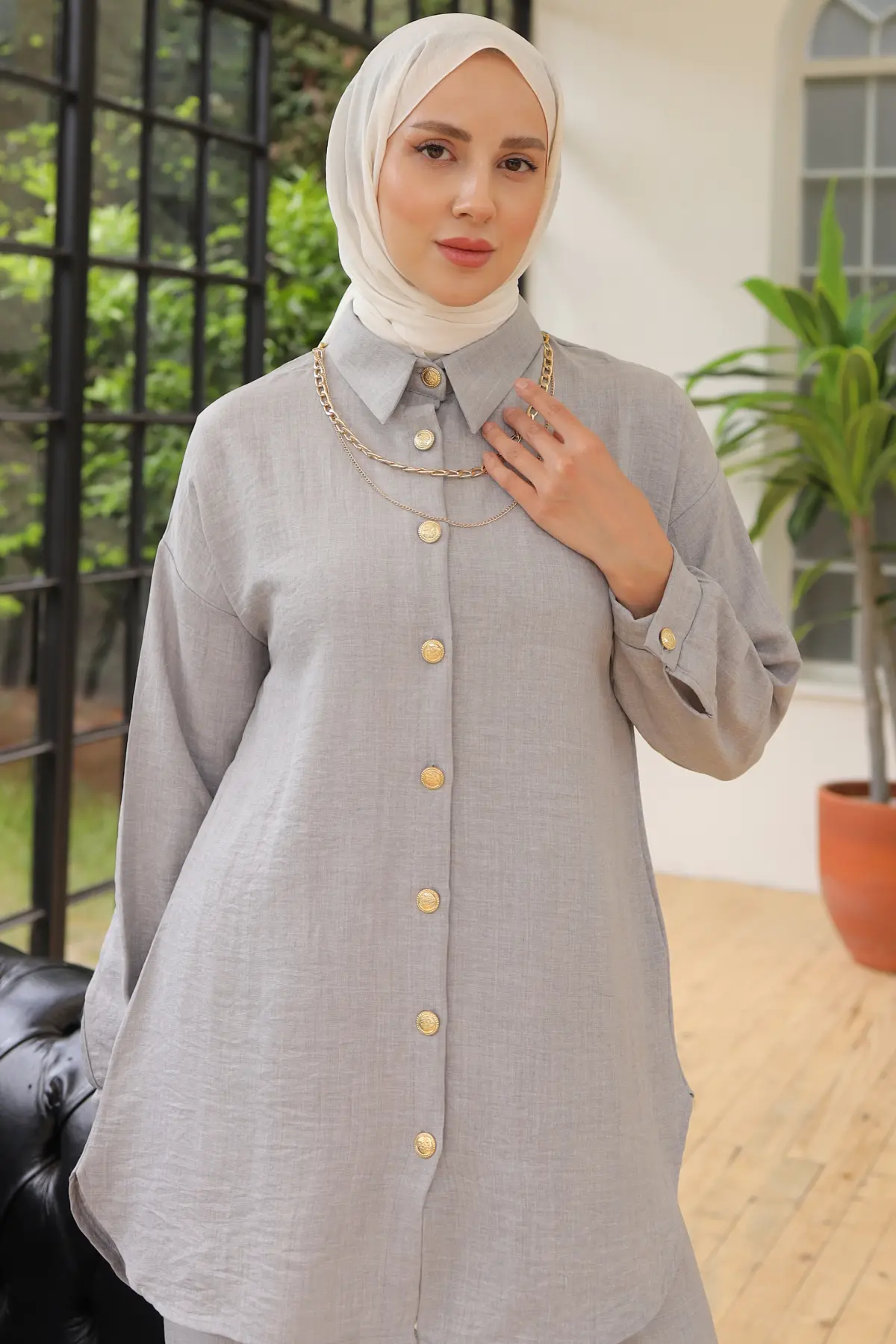 4015 Düğme Detaylı Aksesuarlı İkili Takım Gri-detail