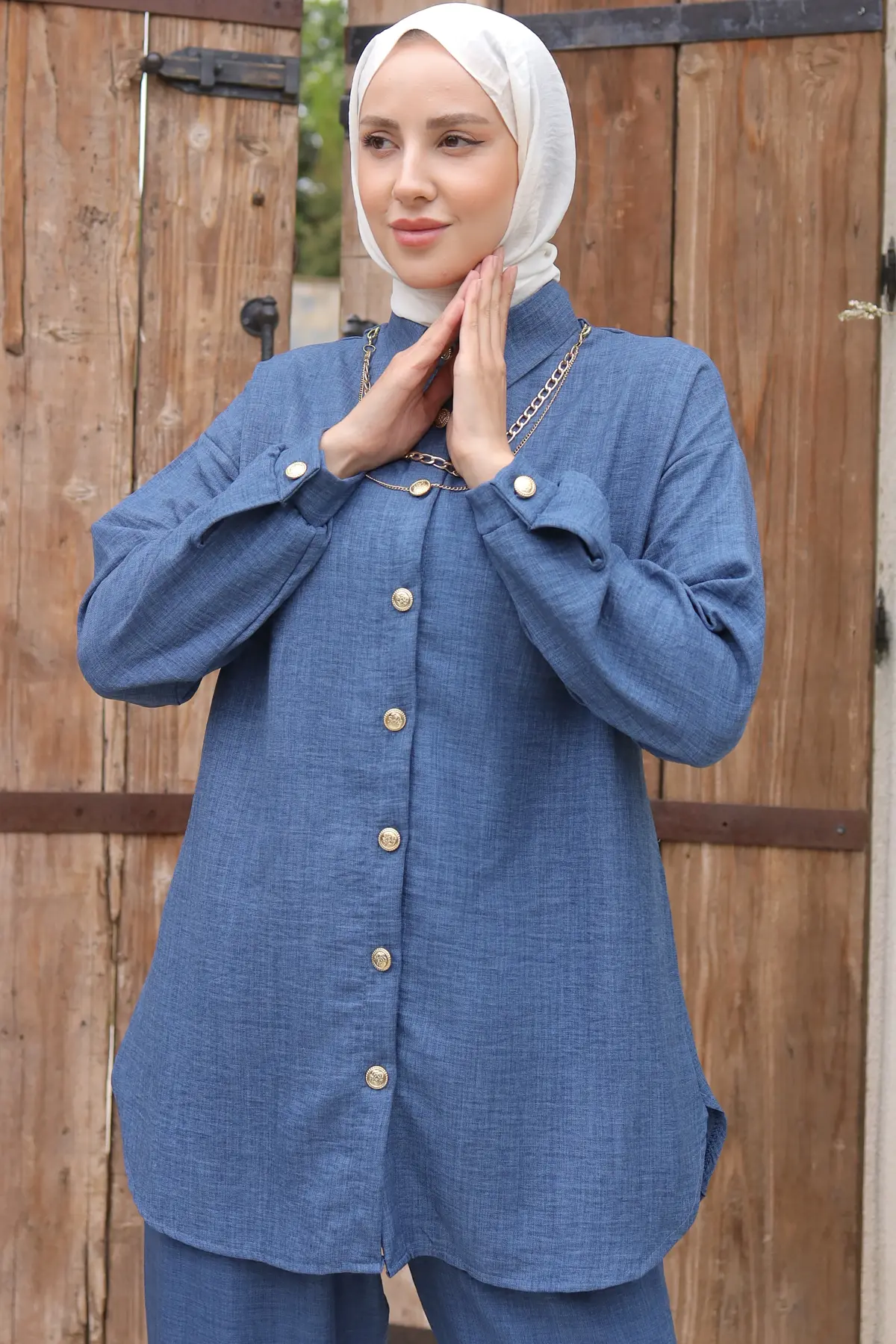 4015 Düğme Detaylı Aksesuarlı İkili Takım İndigo-detail