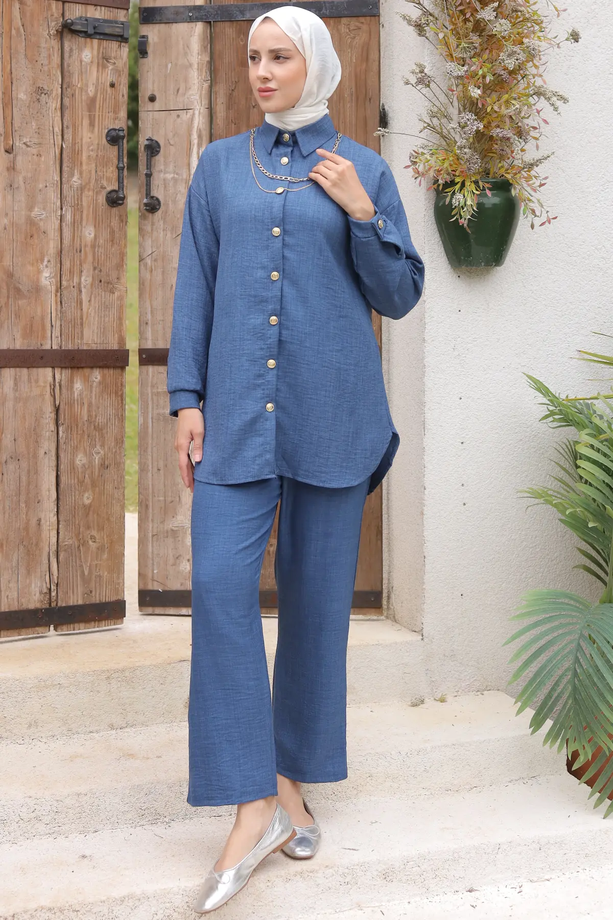 4015 Düğme Detaylı Aksesuarlı İkili Takım İndigo-detail