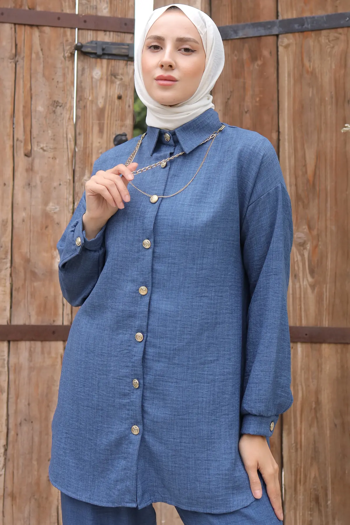 4015 Düğme Detaylı Aksesuarlı İkili Takım İndigo-detail