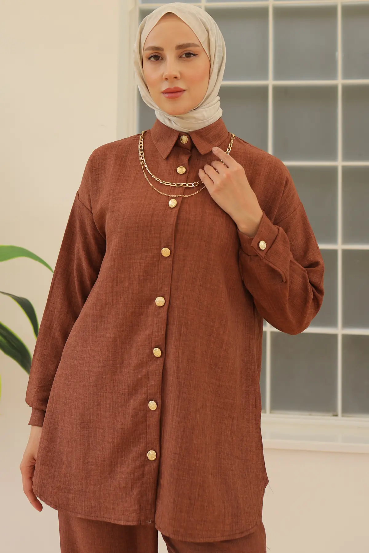 4015 Düğme Detaylı Aksesuarlı İkili Takım Kahverengi-detail