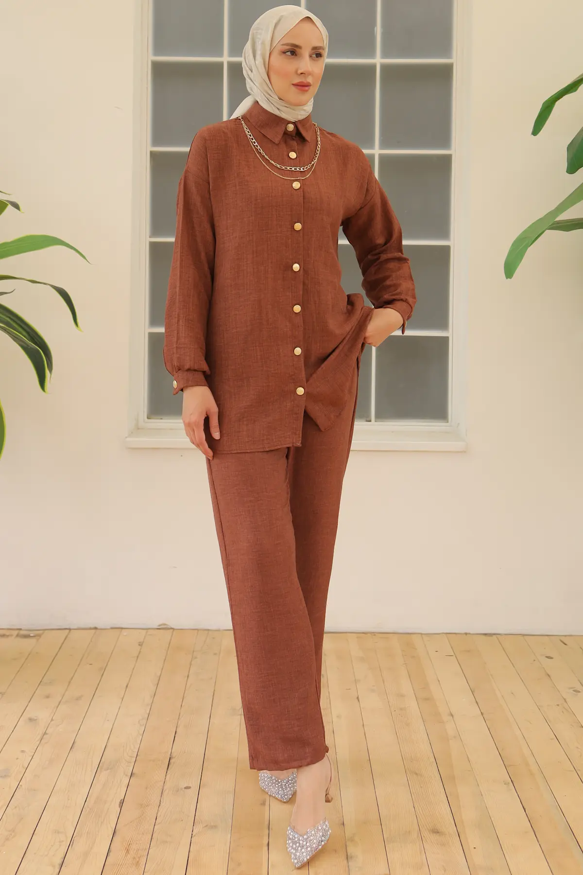 4015 Düğme Detaylı Aksesuarlı İkili Takım Kahverengi-detail