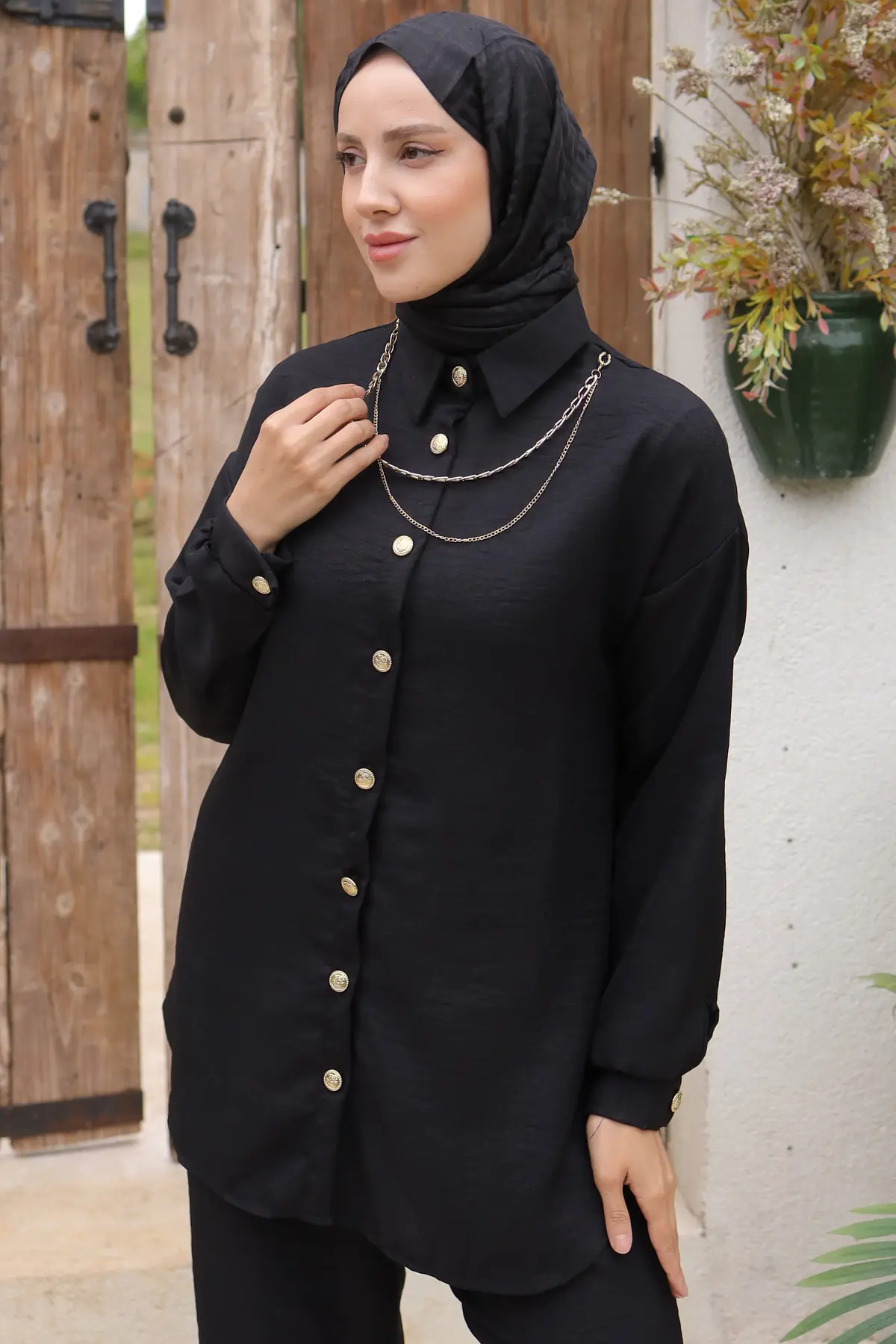 4015 Düğme Detaylı Aksesuarlı İkili Takım Siyah-detail