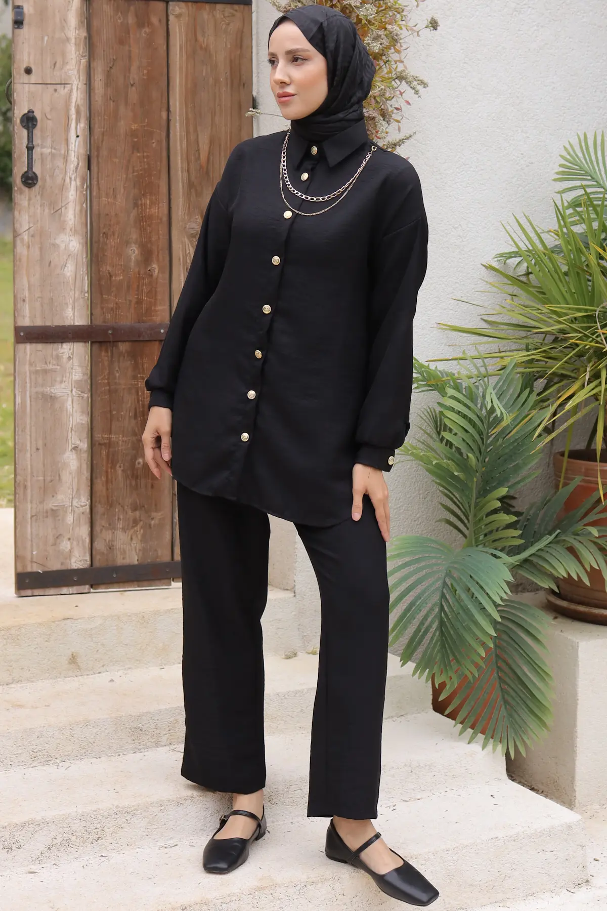 4015 Düğme Detaylı Aksesuarlı İkili Takım Siyah-detail