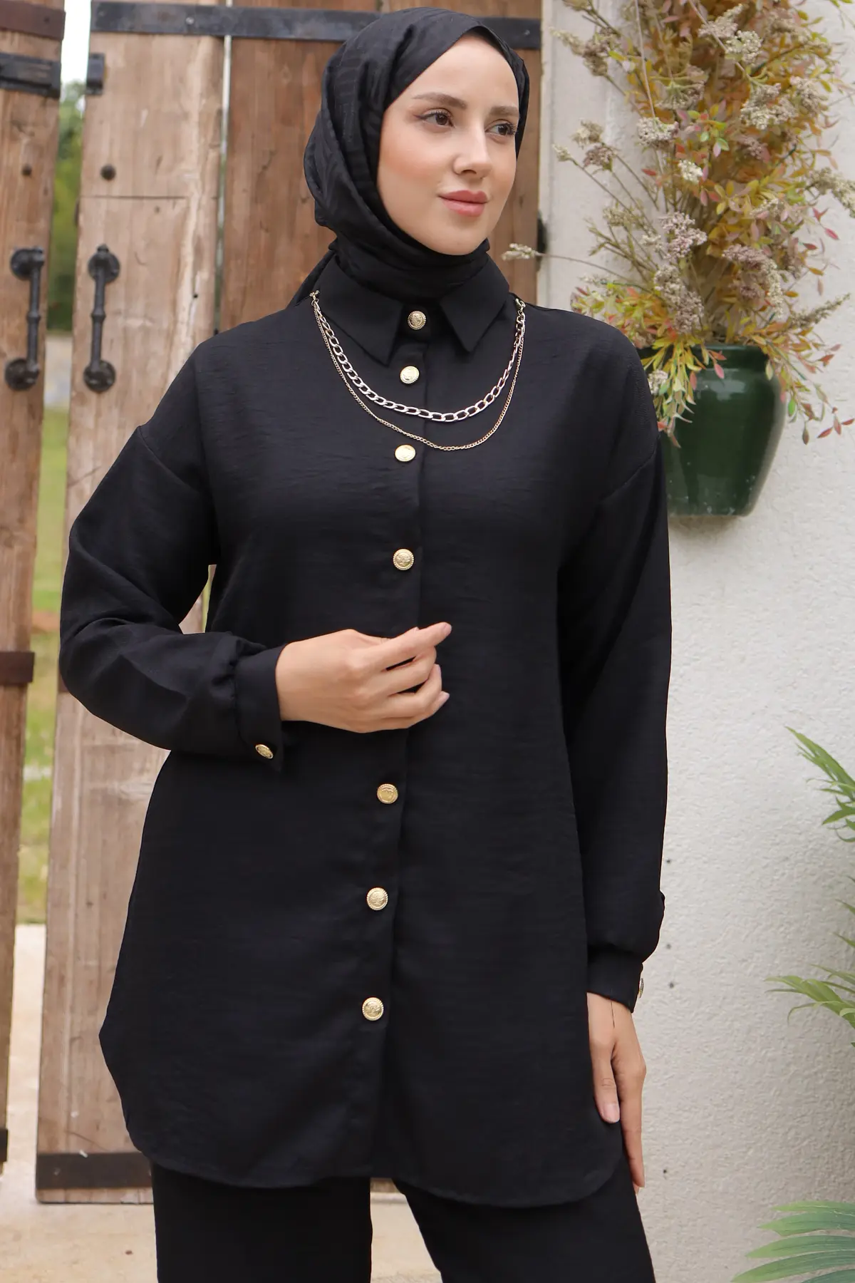 4015 Düğme Detaylı Aksesuarlı İkili Takım Siyah-detail