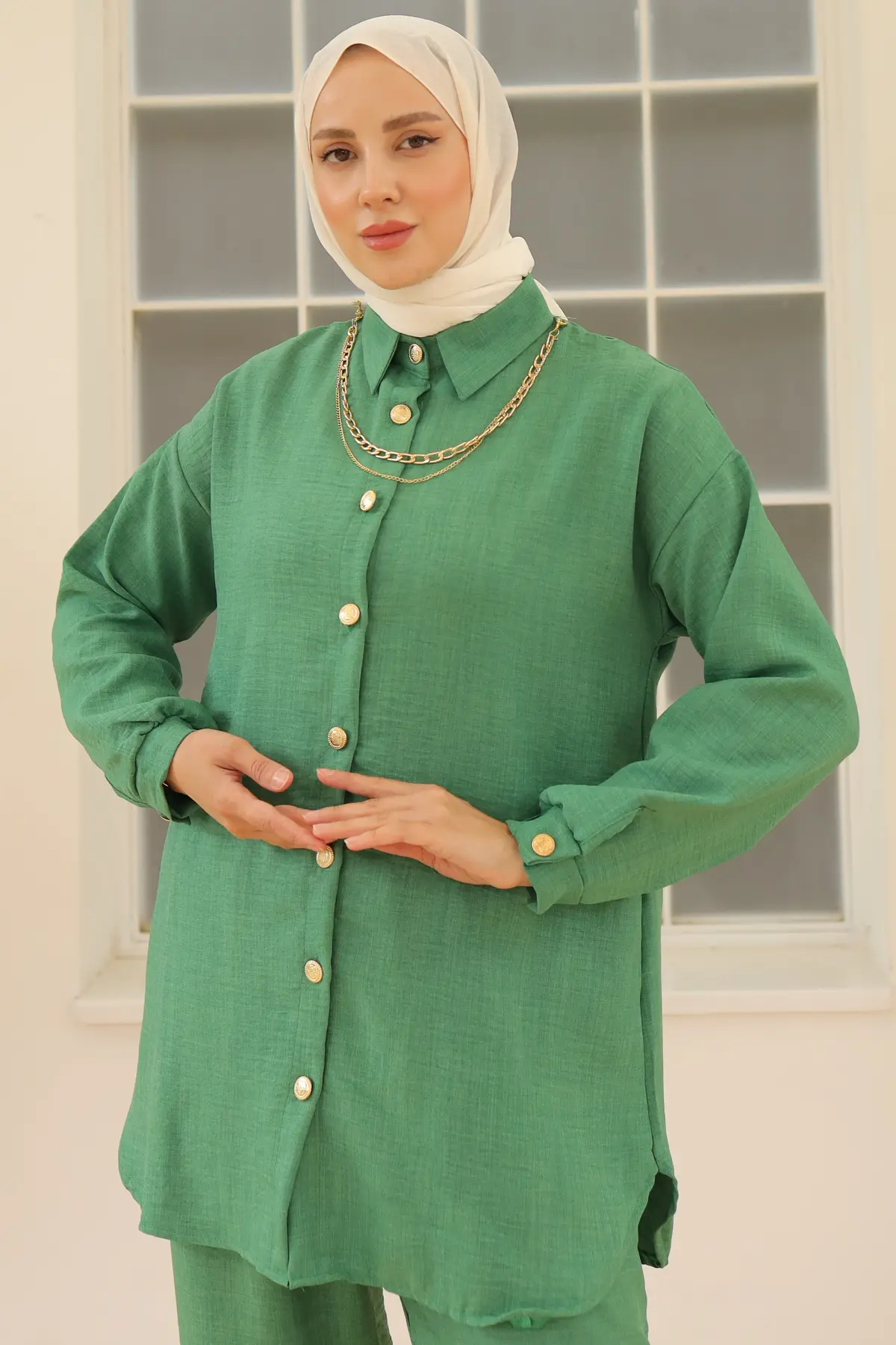 4015 Düğme Detaylı Aksesuarlı İkili Takım Yeşil-detail