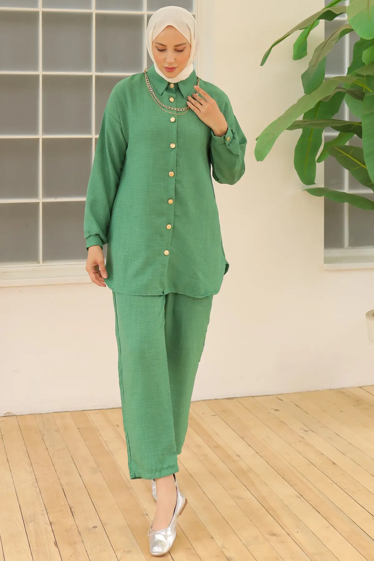 4015 Düğme Detaylı Aksesuarlı İkili Takım Yeşil-detail