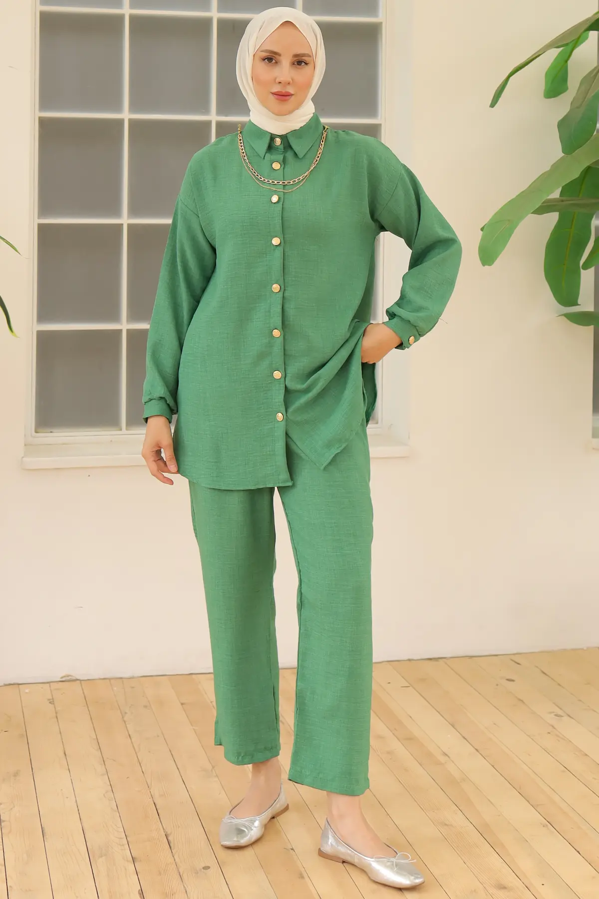 4015 Düğme Detaylı Aksesuarlı İkili Takım Yeşil-detail