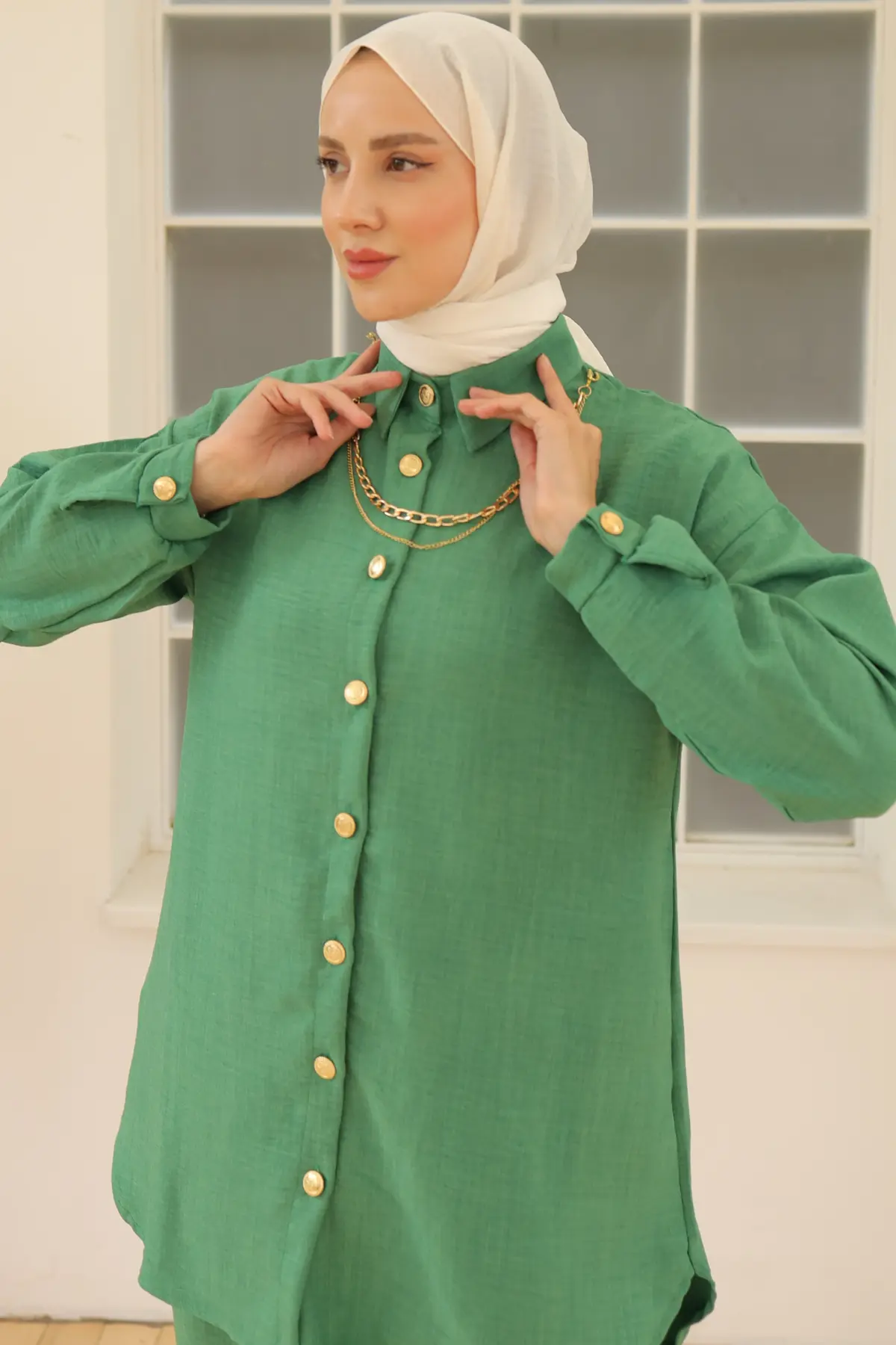 4015 Düğme Detaylı Aksesuarlı İkili Takım Yeşil-detail