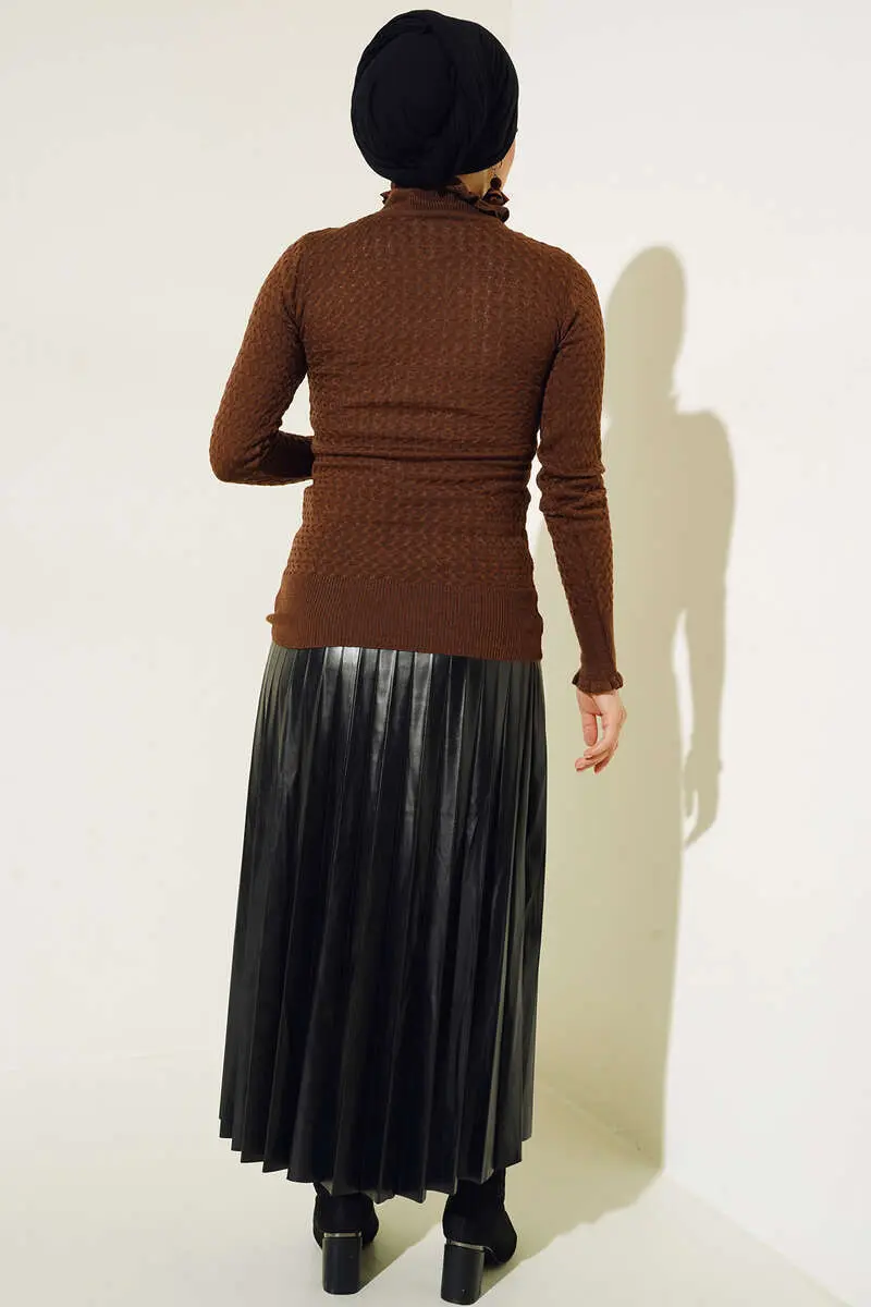 4019 Bilekleri Düğmeli Örgü Detay Triko Kazak Kahverengi-detail