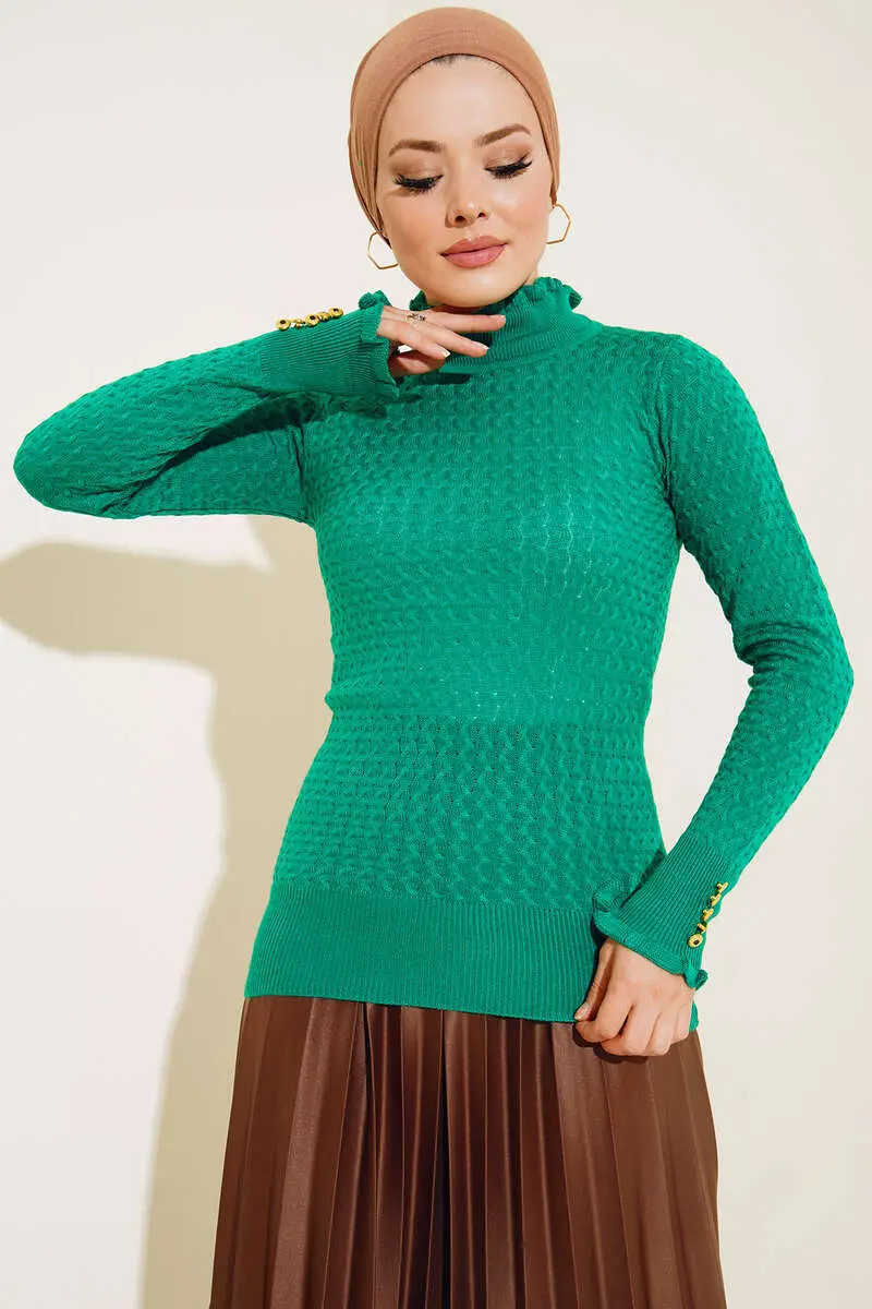 4019 Bilekleri Düğmeli Örgü Detay Triko Kazak Yeşil-detail