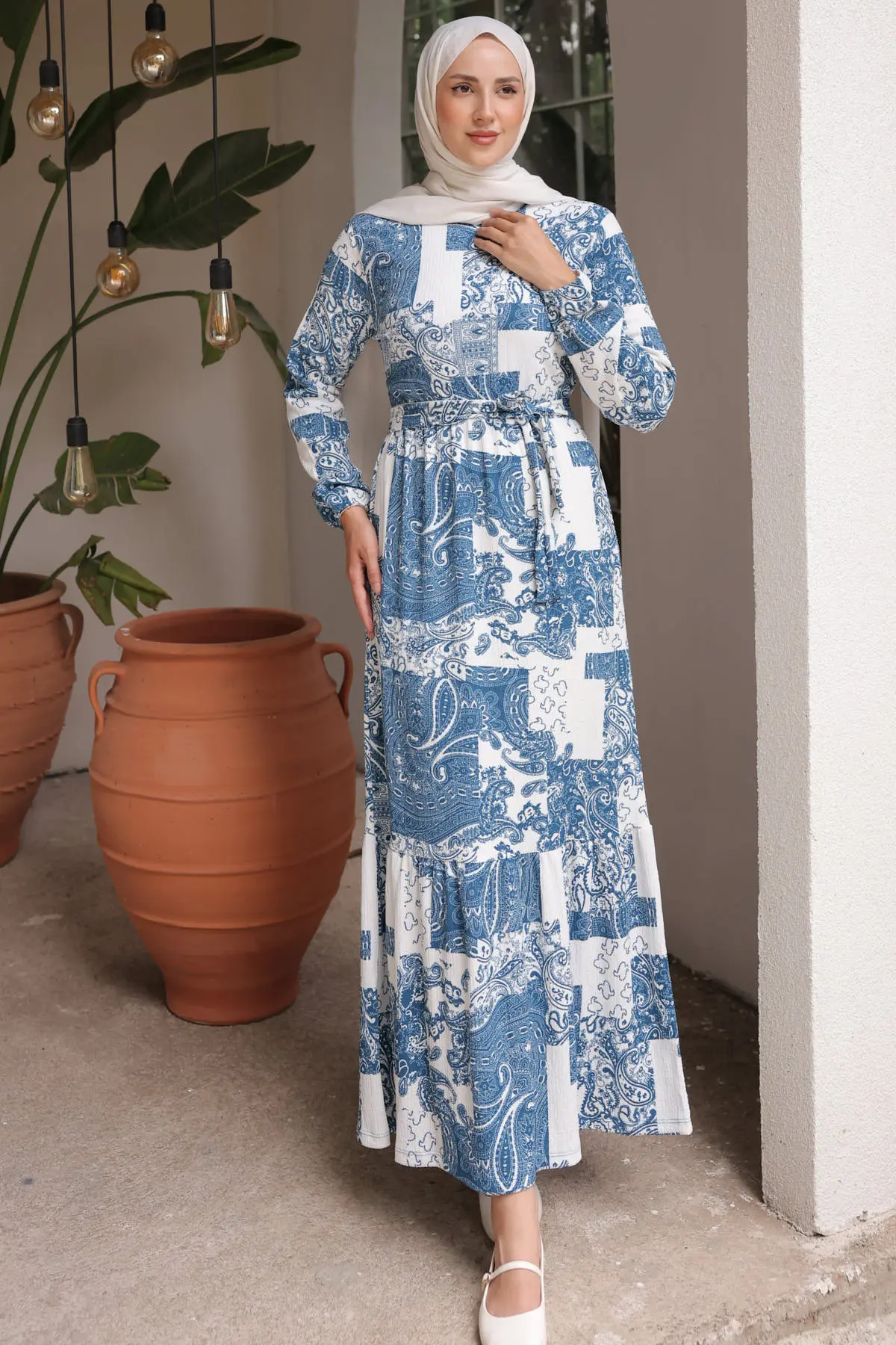 4029 Desenli Tesettür Elbise Mavi-detail